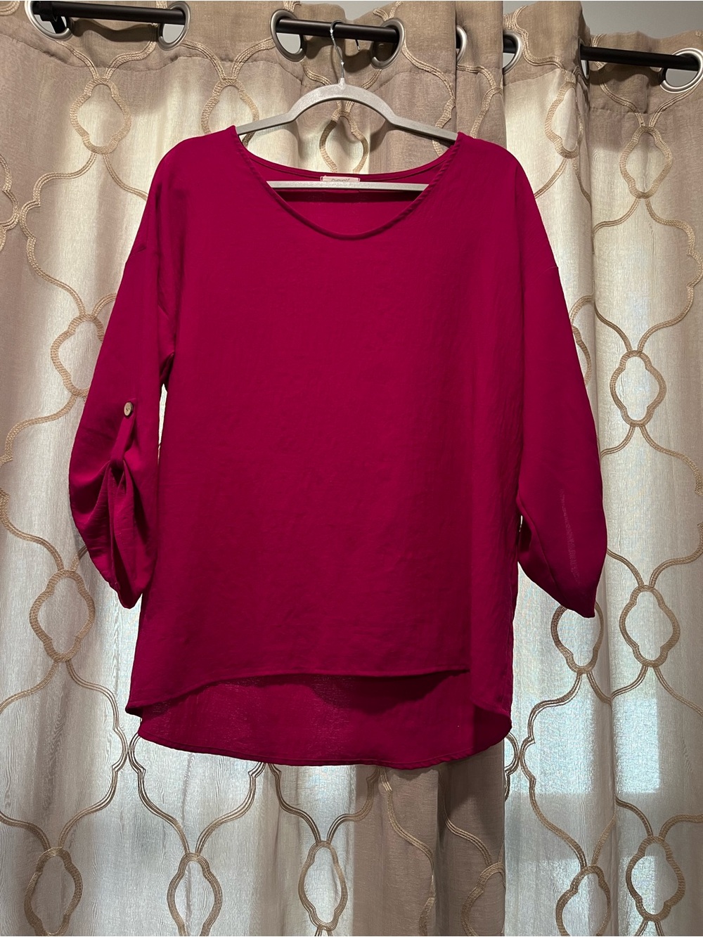 ODDY Fuchsia Roll-Tab Sleeve Scoop-Neck Blouse